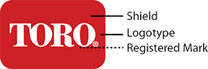 Toro shield logo diagram showing the Shield, Logotype, and Registered Mark